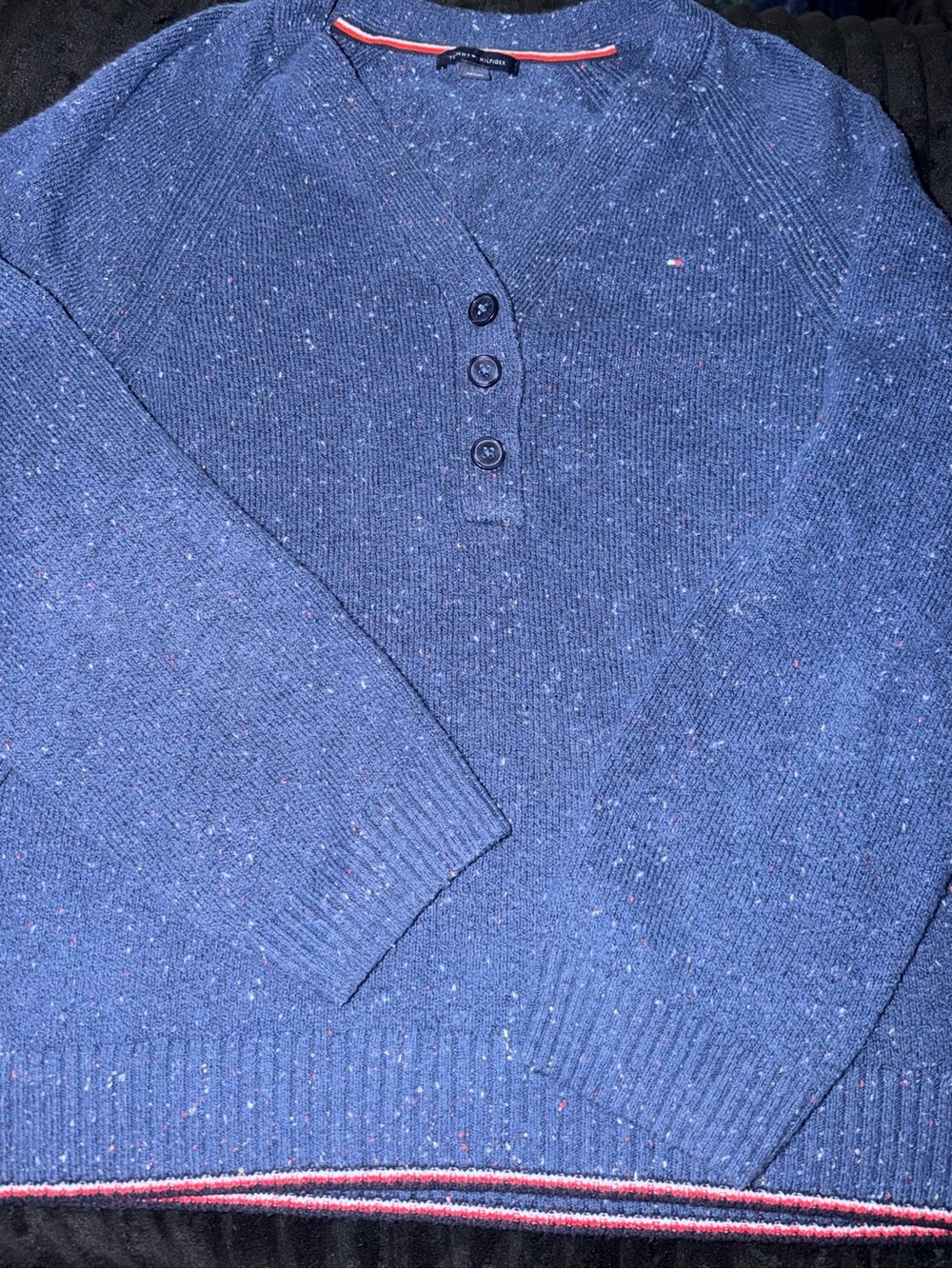 Tommy Hilfiger Navy Speckled V-Neck Henley Sweater